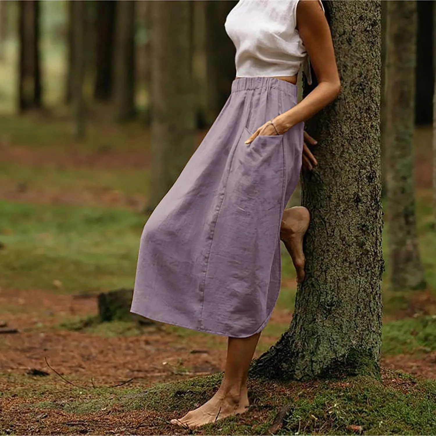 Women's Cotton Linen Midi Skirts Boho High Elastic Waist A Line Pleated Flowy Swing Long Skirts with Pockets