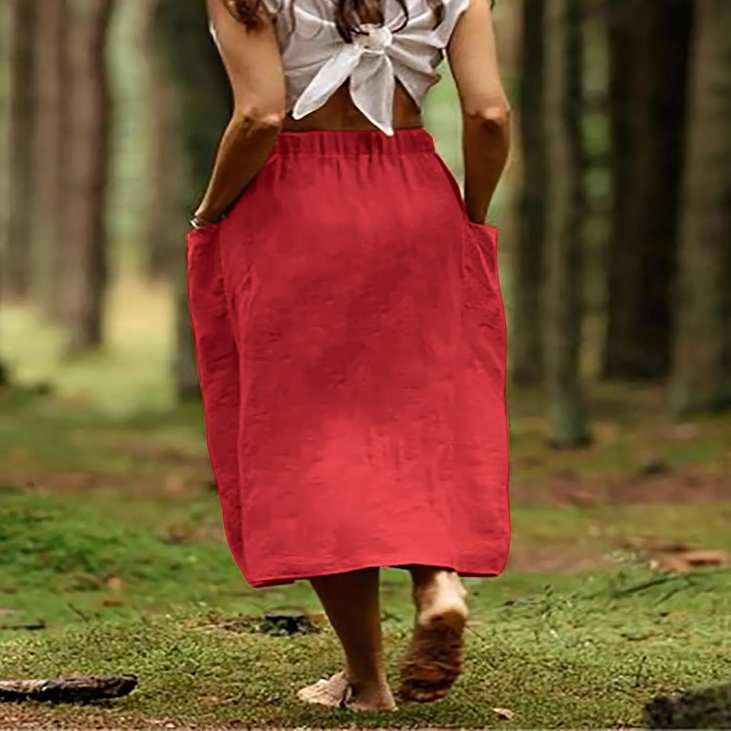Women's Cotton Linen Midi Skirts Boho High Elastic Waist A Line Pleated Flowy Swing Long Skirts with Pockets