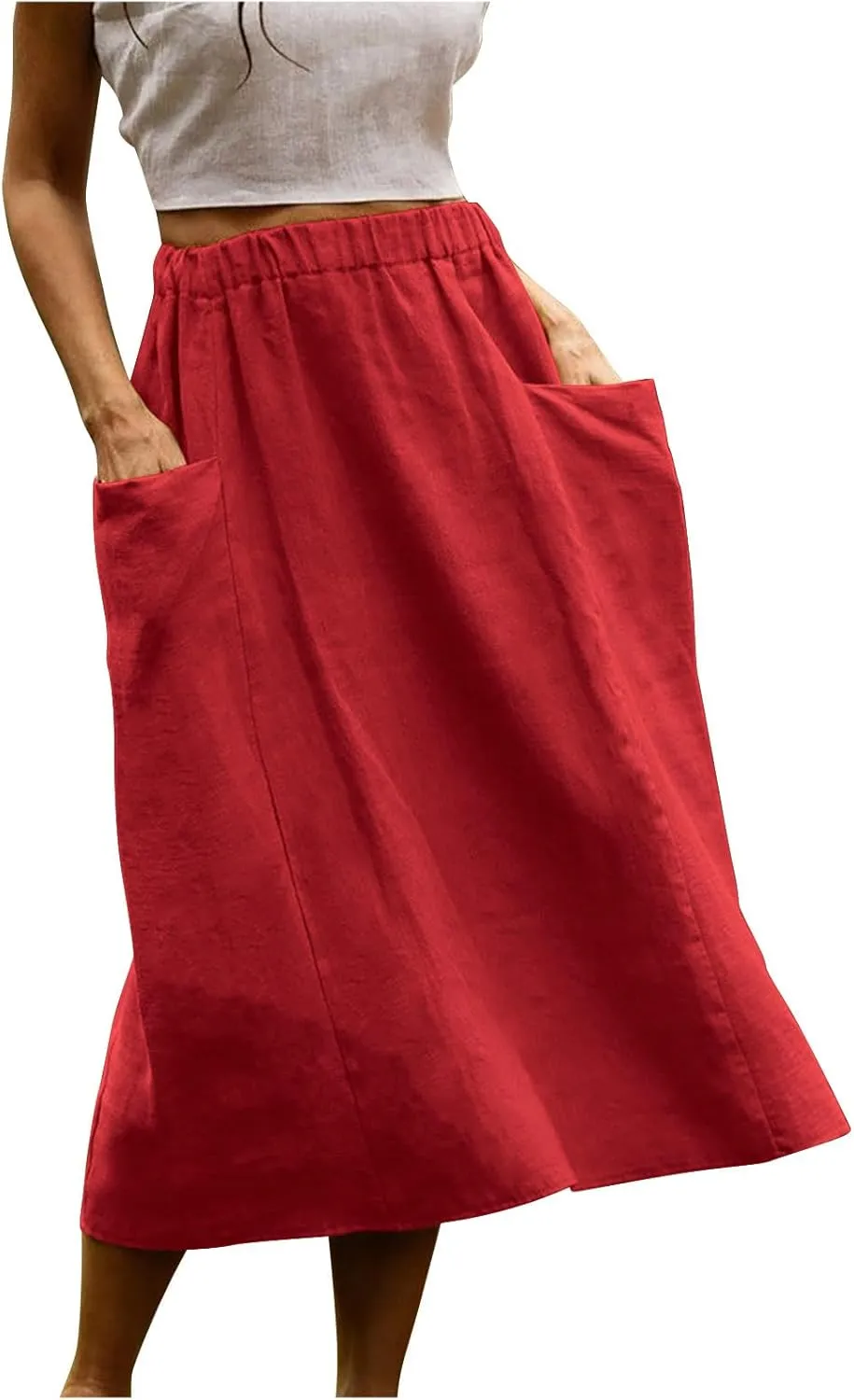Women's Cotton Linen Midi Skirts Boho High Elastic Waist A Line Pleated Flowy Swing Long Skirts with Pockets