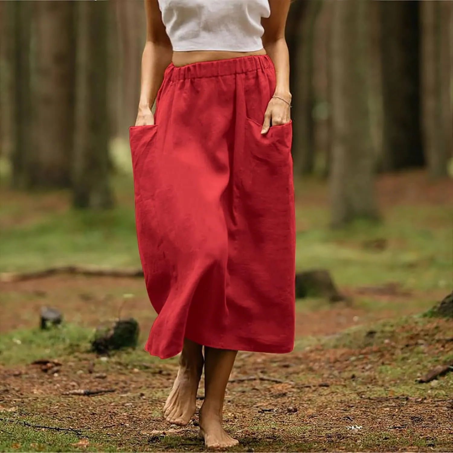 Women's Cotton Linen Midi Skirts Boho High Elastic Waist A Line Pleated Flowy Swing Long Skirts with Pockets