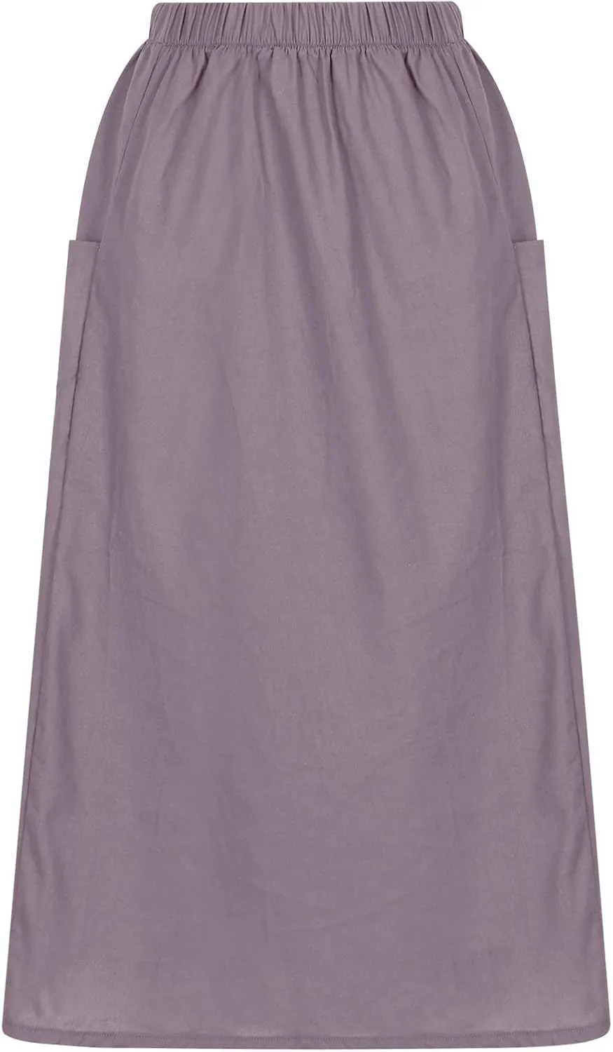 Women's Cotton Linen Midi Skirts Boho High Elastic Waist A Line Pleated Flowy Swing Long Skirts with Pockets