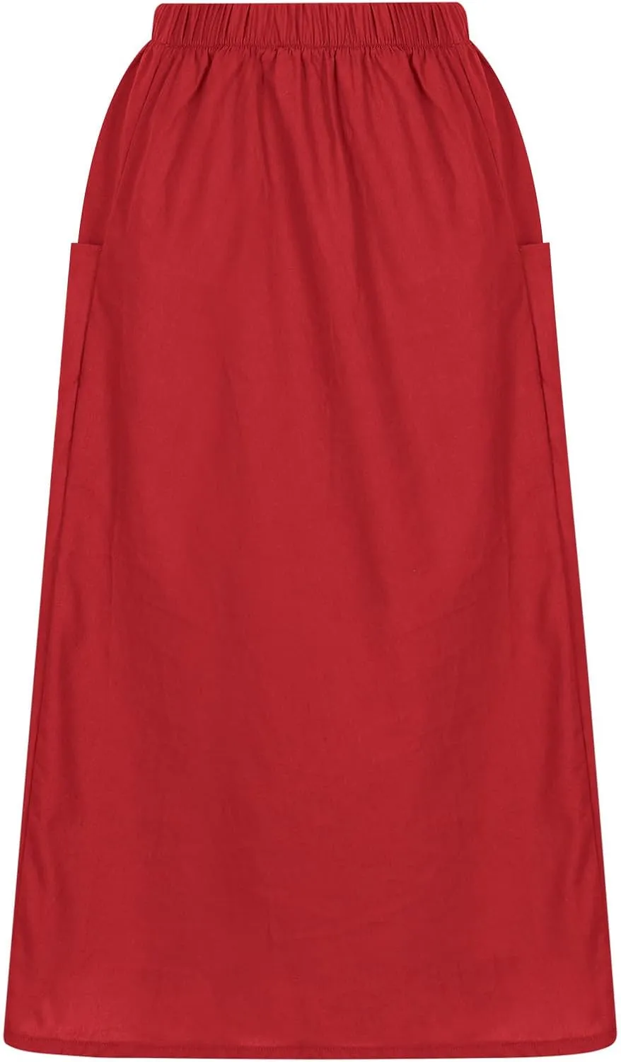 Women's Cotton Linen Midi Skirts Boho High Elastic Waist A Line Pleated Flowy Swing Long Skirts with Pockets