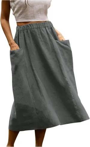 Women's Cotton Linen Midi Skirts Boho High Elastic Waist A Line Pleated Flowy Swing Long Skirts with Pockets