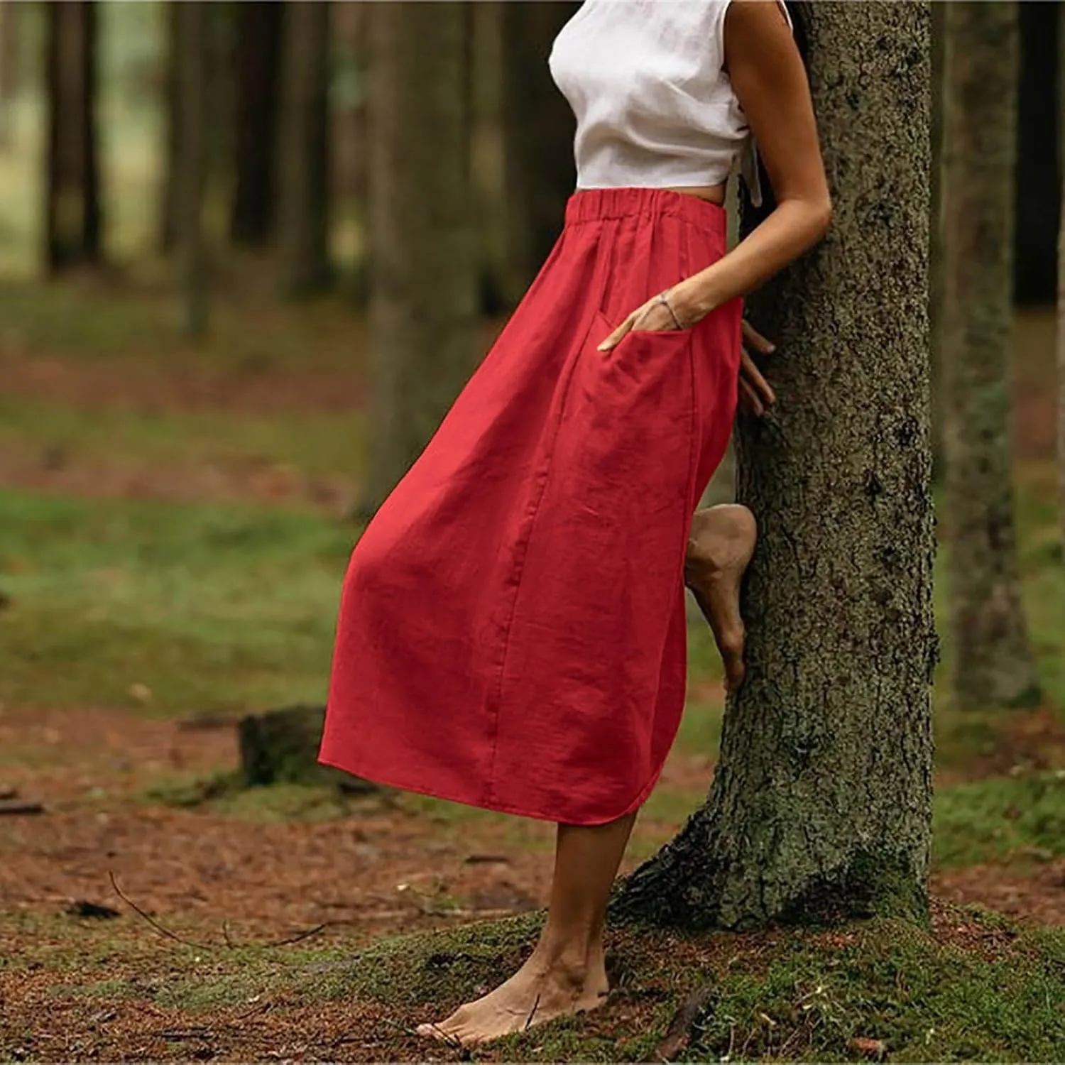 Women's Cotton Linen Midi Skirts Boho High Elastic Waist A Line Pleated Flowy Swing Long Skirts with Pockets