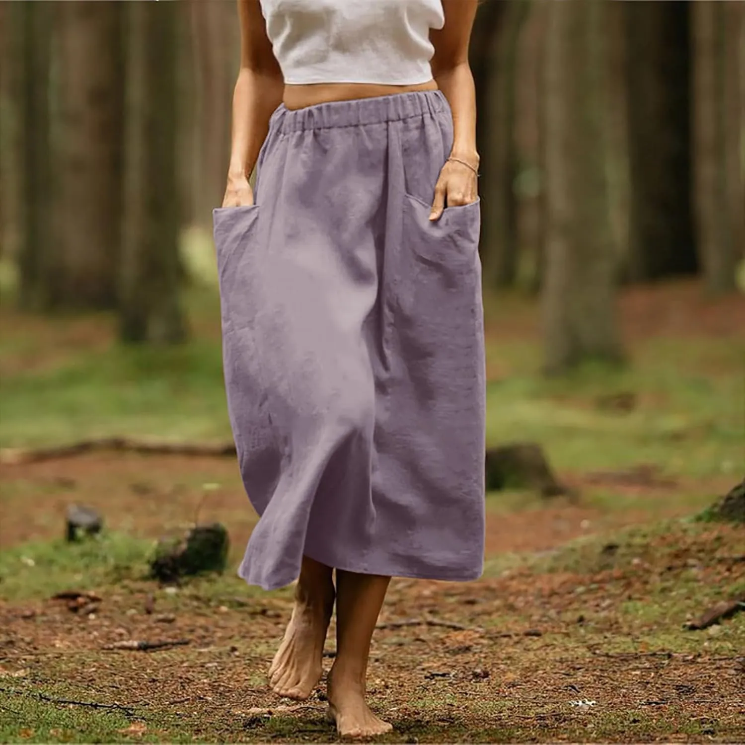 Women's Cotton Linen Midi Skirts Boho High Elastic Waist A Line Pleated Flowy Swing Long Skirts with Pockets
