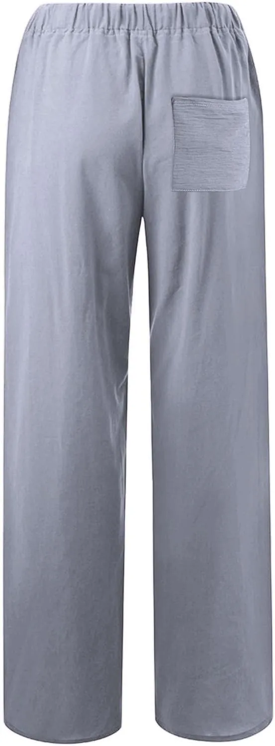 Women's Cotton Linen Pants, Summer Wide Leg Casual Loose Drawstring High Waist Palazzo Pants Trousers with Pockets