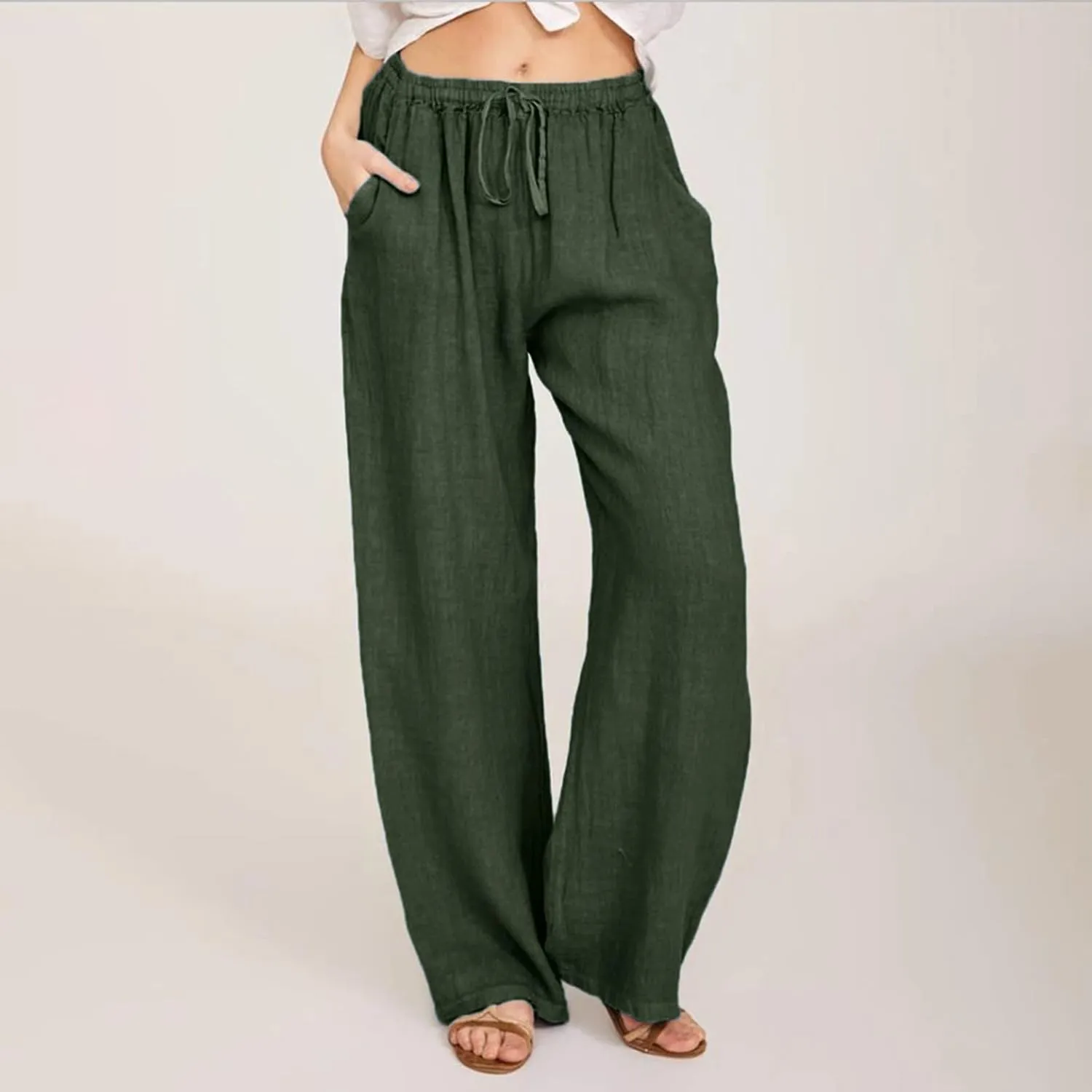 Women's Cotton Linen Pants, Summer Wide Leg Casual Loose Drawstring High Waist Palazzo Pants Trousers with Pockets
