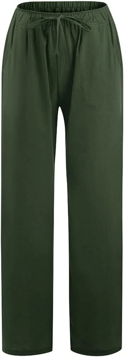 Women's Cotton Linen Pants, Summer Wide Leg Casual Loose Drawstring High Waist Palazzo Pants Trousers with Pockets