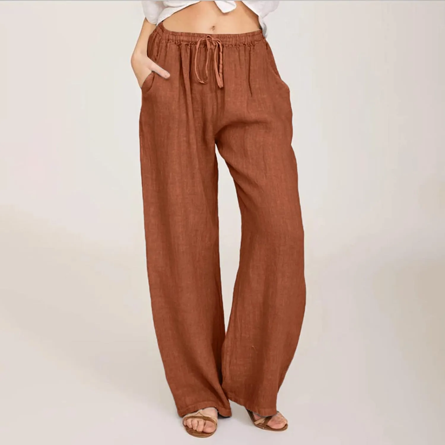 Women's Cotton Linen Pants, Summer Wide Leg Casual Loose Drawstring High Waist Palazzo Pants Trousers with Pockets