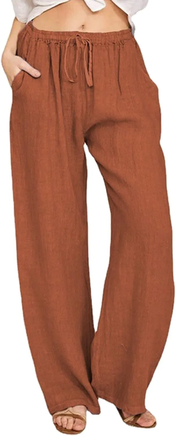 Women's Cotton Linen Pants, Summer Wide Leg Casual Loose Drawstring High Waist Palazzo Pants Trousers with Pockets