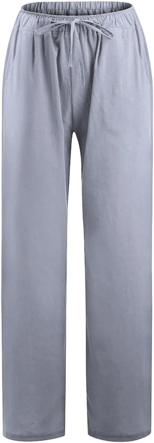 Women's Cotton Linen Pants, Summer Wide Leg Casual Loose Drawstring High Waist Palazzo Pants Trousers with Pockets