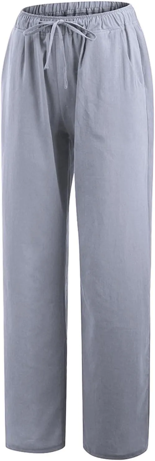 Women's Cotton Linen Pants, Summer Wide Leg Casual Loose Drawstring High Waist Palazzo Pants Trousers with Pockets