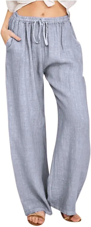 Women's Cotton Linen Pants, Summer Wide Leg Casual Loose Drawstring High Waist Palazzo Pants Trousers with Pockets