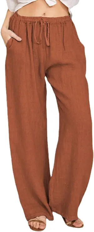 Women's Cotton Linen Pants, Summer Wide Leg Casual Loose Drawstring High Waist Palazzo Pants Trousers with Pockets