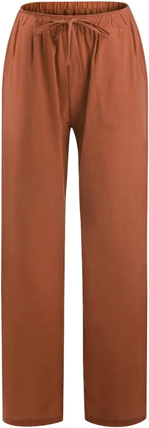 Women's Cotton Linen Pants, Summer Wide Leg Casual Loose Drawstring High Waist Palazzo Pants Trousers with Pockets