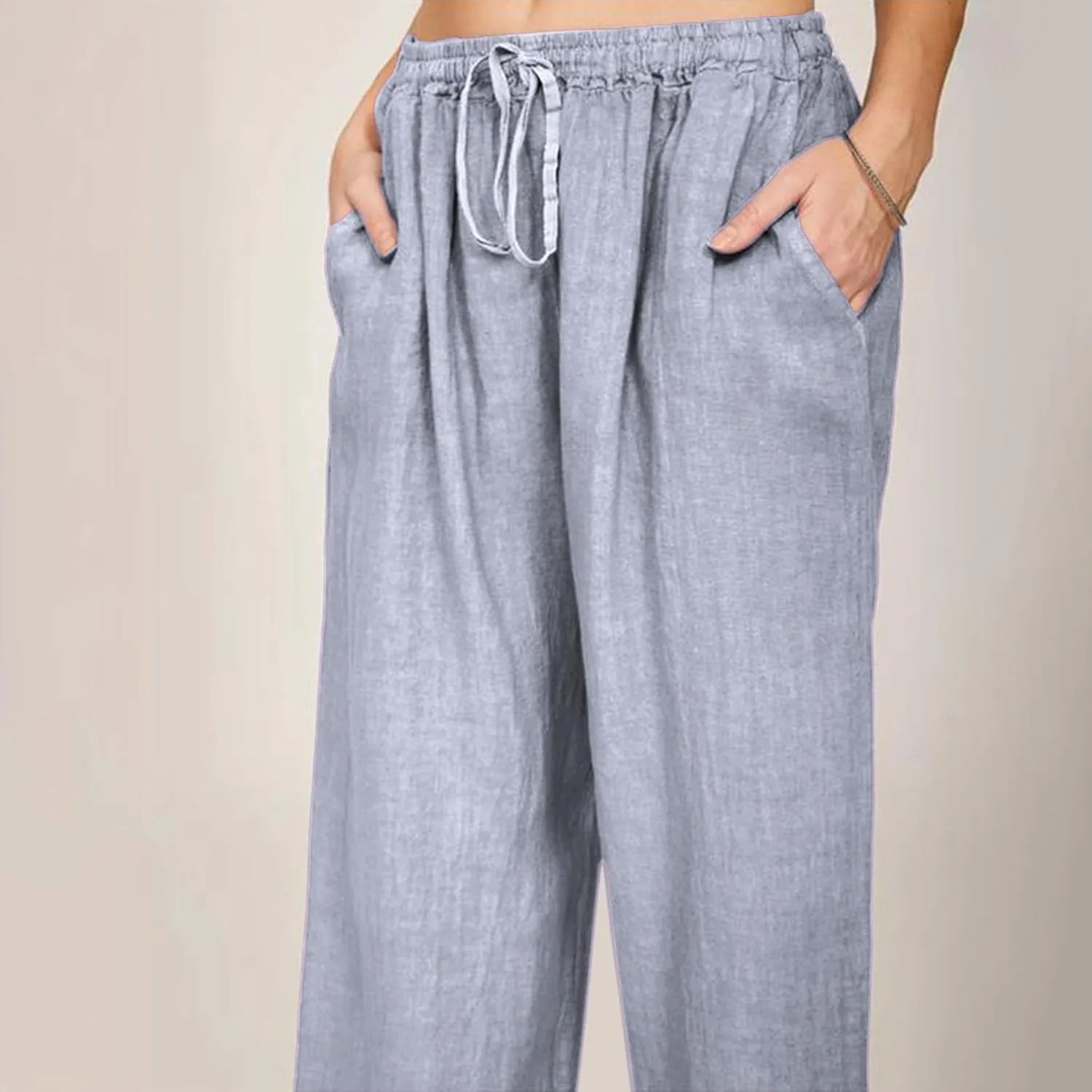 Women's Cotton Linen Pants, Summer Wide Leg Casual Loose Drawstring High Waist Palazzo Pants Trousers with Pockets