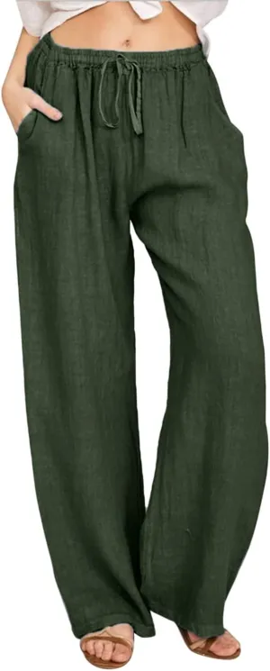 Women's Cotton Linen Pants, Summer Wide Leg Casual Loose Drawstring High Waist Palazzo Pants Trousers with Pockets