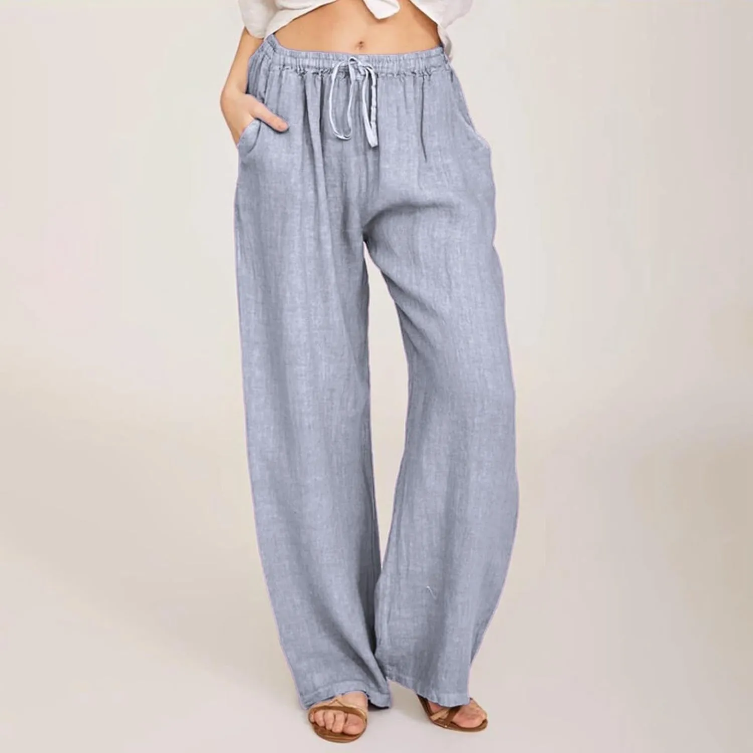 Women's Cotton Linen Pants, Summer Wide Leg Casual Loose Drawstring High Waist Palazzo Pants Trousers with Pockets