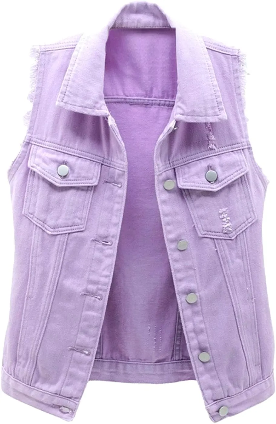 Womens Denim Vest Jacket Sleeveless Washed Ripped Crop Jacket Candy Color