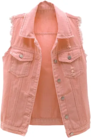 Womens Denim Vest Jacket Sleeveless Washed Ripped Crop Jacket Candy Color