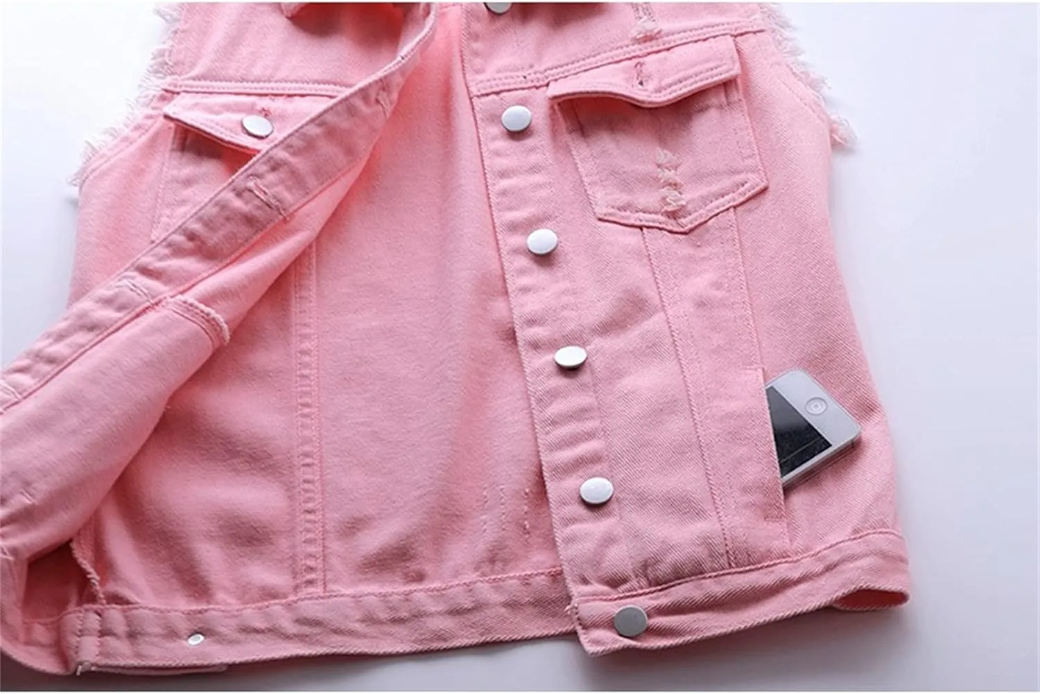 Womens Denim Vest Jacket Sleeveless Washed Ripped Crop Jacket Candy Color