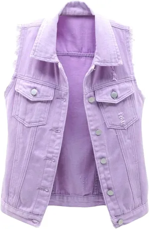 Womens Denim Vest Jacket Sleeveless Washed Ripped Crop Jacket Candy Color