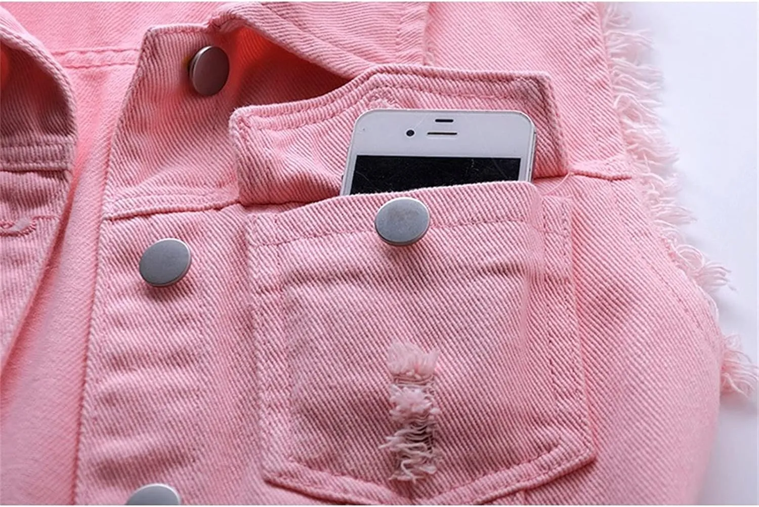 Womens Denim Vest Jacket Sleeveless Washed Ripped Crop Jacket Candy Color