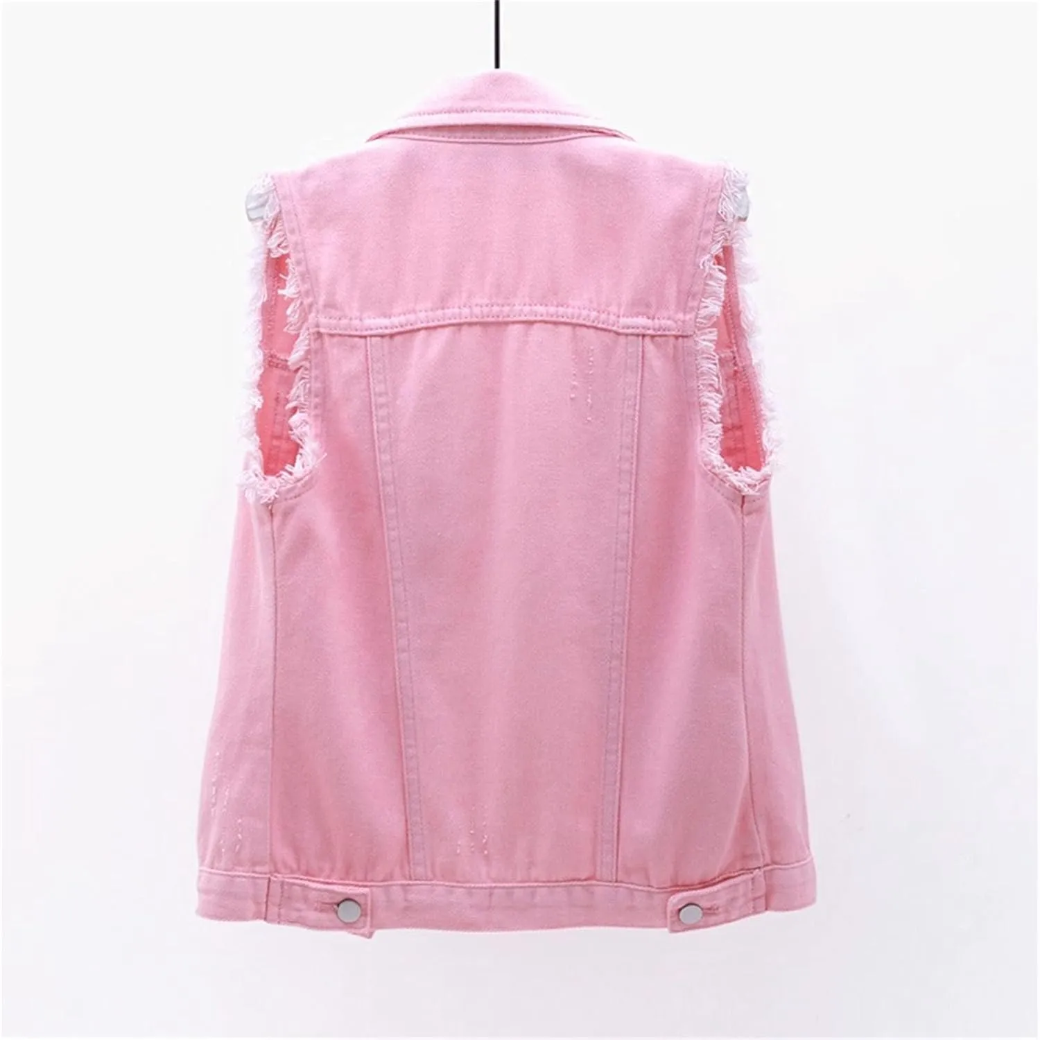 Womens Denim Vest Jacket Sleeveless Washed Ripped Crop Jacket Candy Color