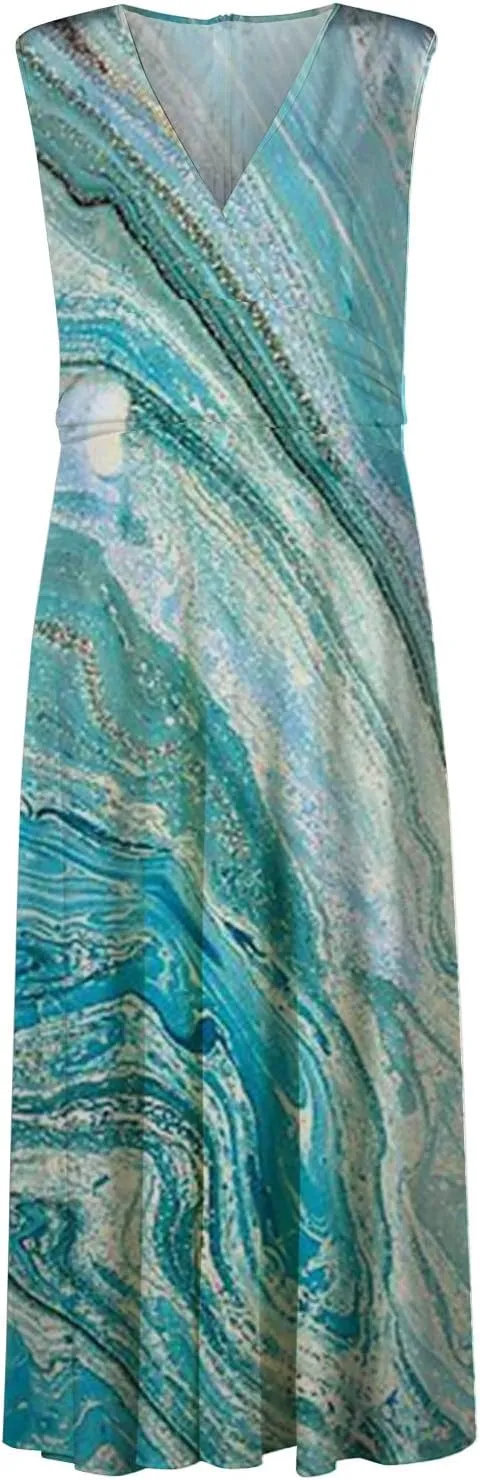 Womens Dresses Sleeveless Floral Print Maxi Dress Flowy Ruched Wrap V Neck Beach Dresses Trendy Sundress