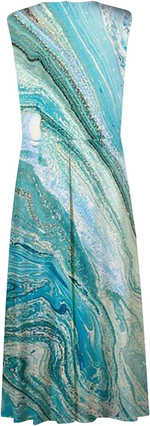 Womens Dresses Sleeveless Floral Print Maxi Dress Flowy Ruched Wrap V Neck Beach Dresses Trendy Sundress