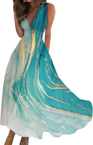 Womens Dresses Sleeveless Floral Print Maxi Dress Flowy Ruched Wrap V Neck Beach Dresses Trendy Sundress