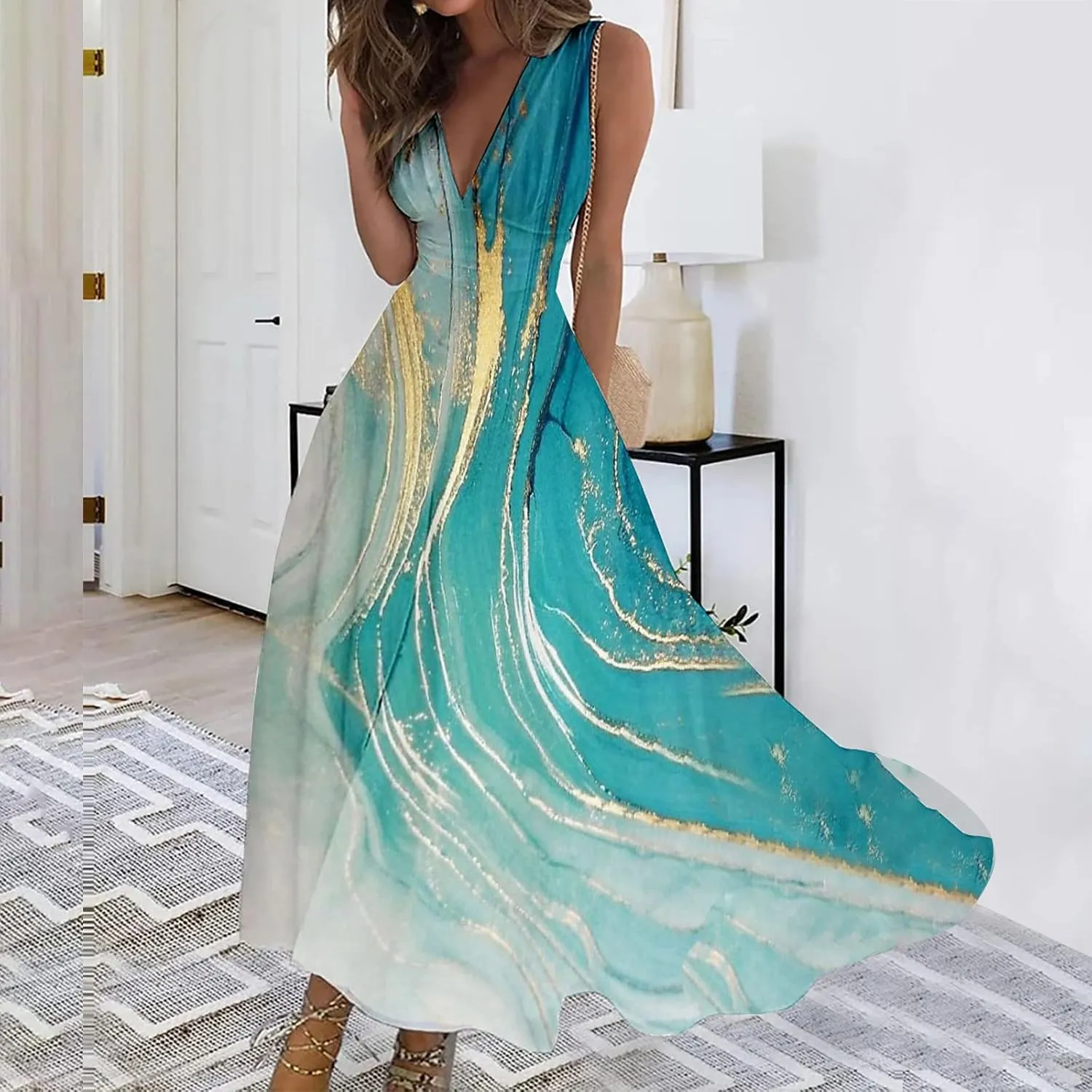 Womens Dresses Sleeveless Floral Print Maxi Dress Flowy Ruched Wrap V Neck Beach Dresses Trendy Sundress
