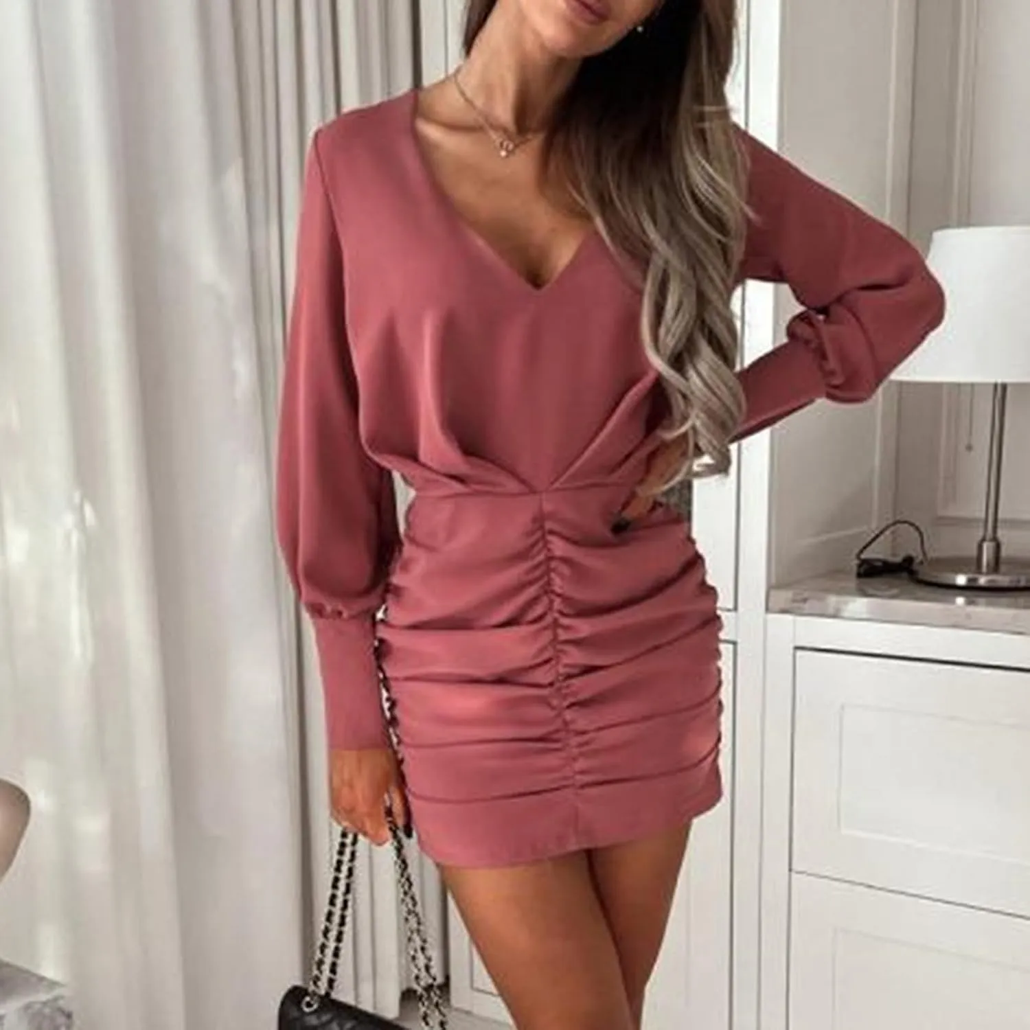 Women's Elegant Long Sleeve Dresses Spring Casual V Neck Business Dress Wedding Guest Flowy Pleated Midi Dress