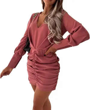 Women's Elegant Long Sleeve Dresses Spring Casual V Neck Business Dress Wedding Guest Flowy Pleated Midi Dress