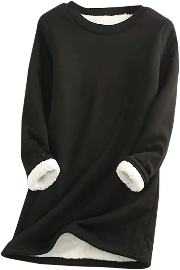 Womens Fleece Lined Sweatshirts Crewneck Oversized Sherpa Pullover Solid Color Warm Winter Clothes Loungewear