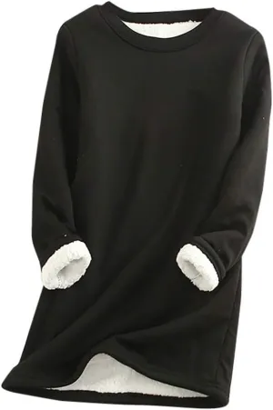 Womens Fleece Lined Sweatshirts Crewneck Oversized Sherpa Pullover Solid Color Warm Winter Clothes Loungewear
