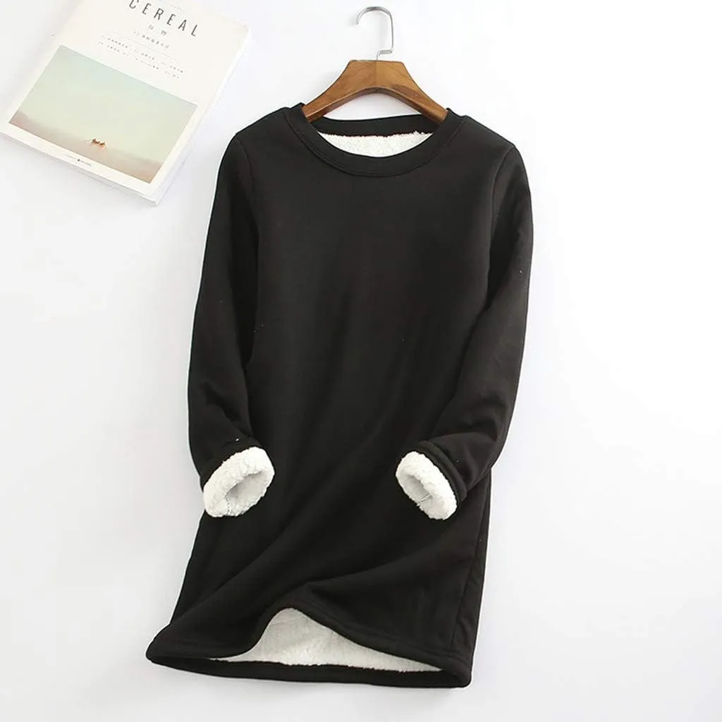 Womens Fleece Lined Sweatshirts Crewneck Oversized Sherpa Pullover Solid Color Warm Winter Clothes Loungewear