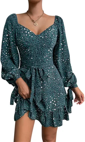Womens Floral Ruffle Sun Dress Sundress V Neck Long Sleeve Smocked Skater Mini Dress Summer Print Swing A-Line Dresses