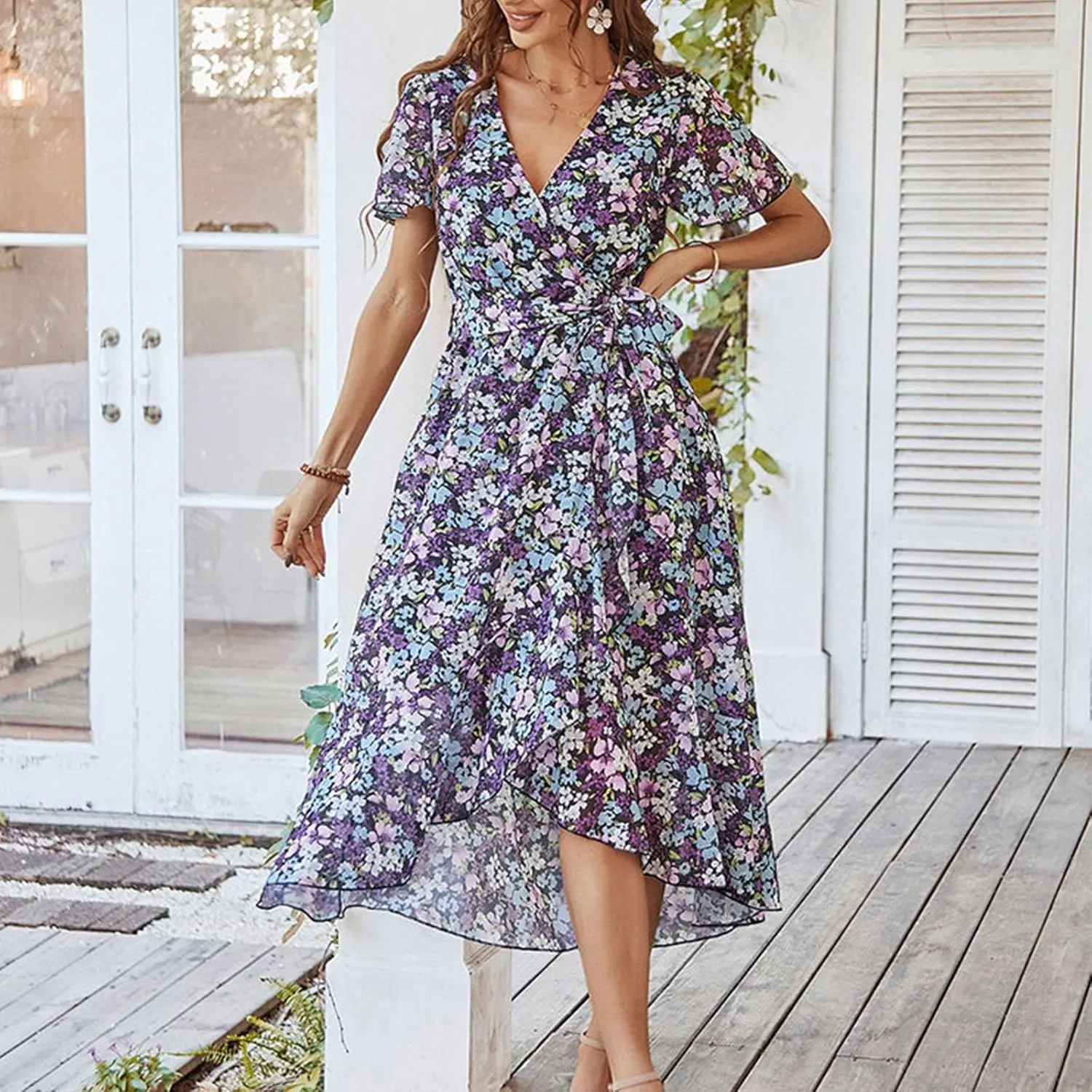 Womens Floral Sundress 2024 Boho Beach Wrap V Neck Short Sleeve Midi Dress Trendy Belted Slit Ruffle Hem A Line Dress