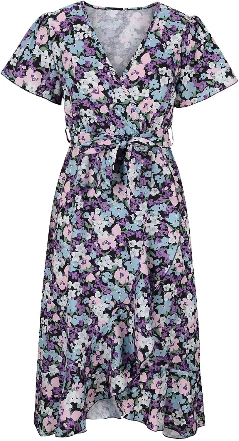 Womens Floral Sundress 2024 Boho Beach Wrap V Neck Short Sleeve Midi Dress Trendy Belted Slit Ruffle Hem A Line Dress