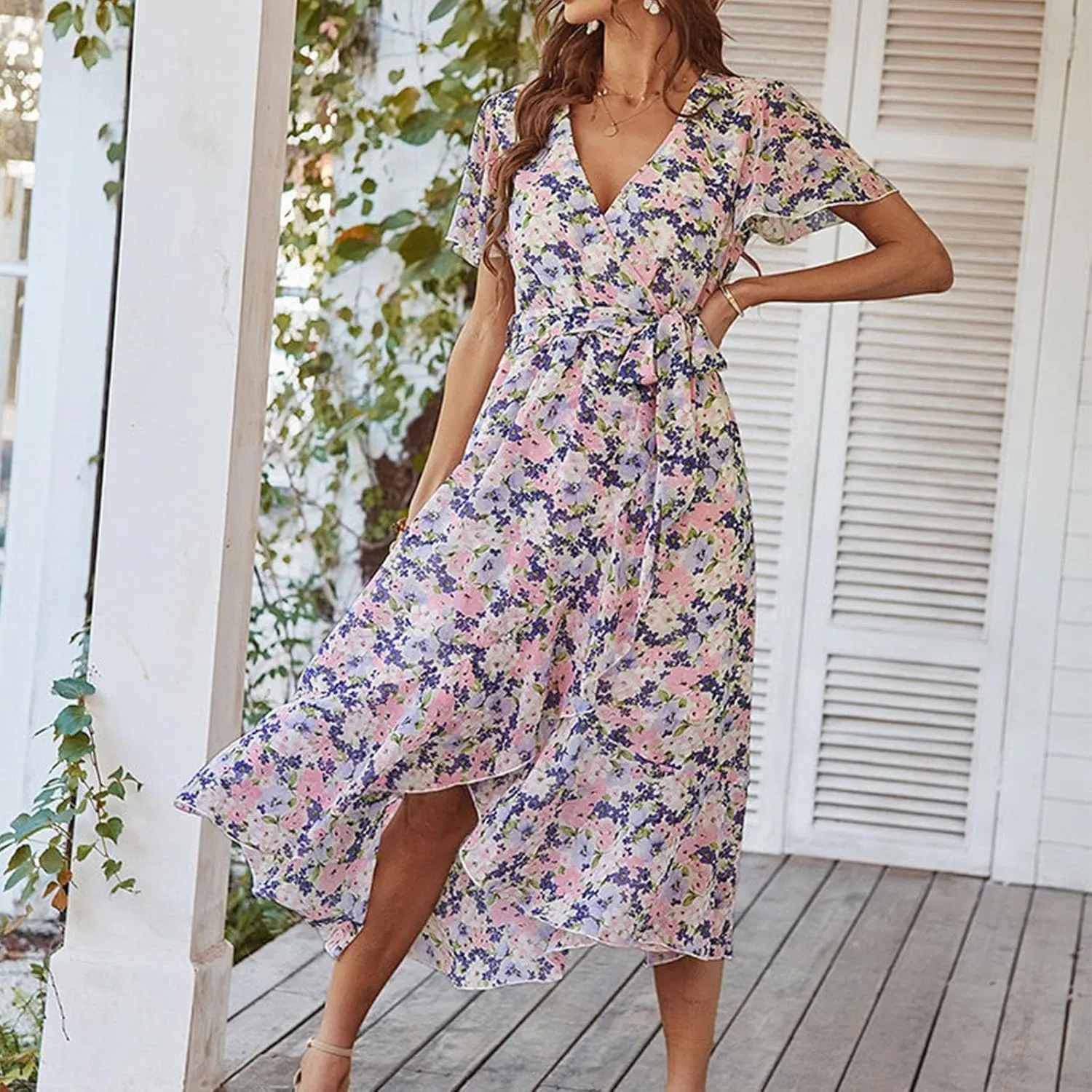 Womens Floral Sundress 2024 Boho Beach Wrap V Neck Short Sleeve Midi Dress Trendy Belted Slit Ruffle Hem A Line Dress