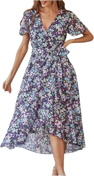 Womens Floral Sundress 2024 Boho Beach Wrap V Neck Short Sleeve Midi Dress Trendy Belted Slit Ruffle Hem A Line Dress