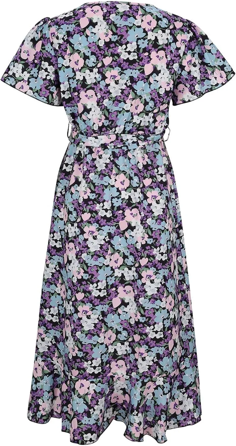 Womens Floral Sundress 2024 Boho Beach Wrap V Neck Short Sleeve Midi Dress Trendy Belted Slit Ruffle Hem A Line Dress