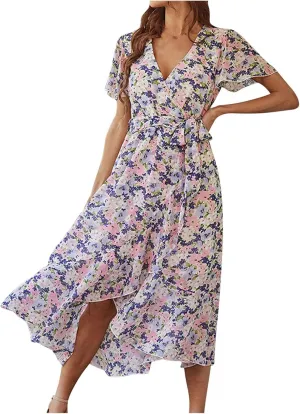 Womens Floral Sundress 2024 Boho Beach Wrap V Neck Short Sleeve Midi Dress Trendy Belted Slit Ruffle Hem A Line Dress
