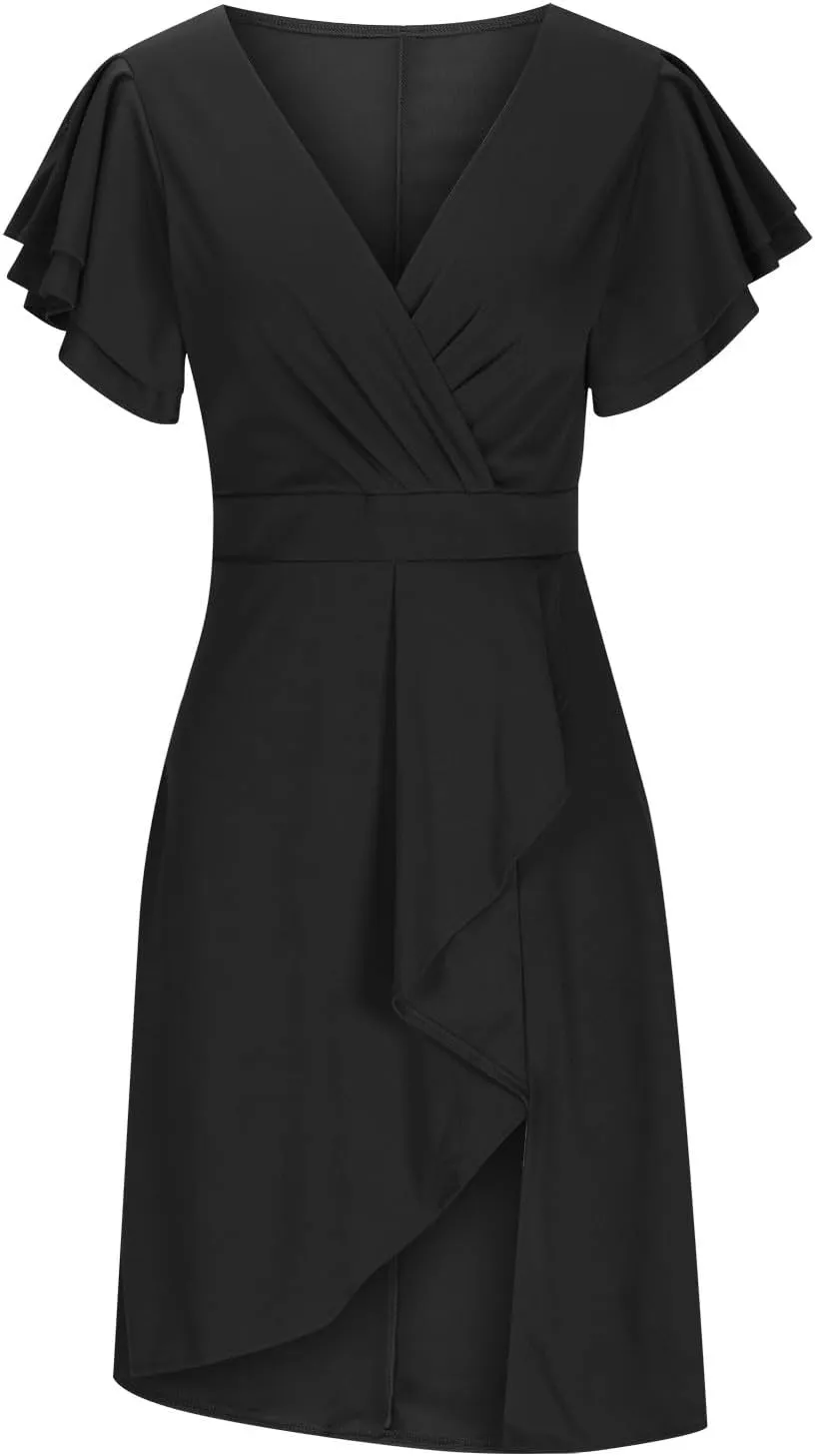Women's Flowy Casual Mini Dresses 2024 Summer Smocked V Neck Ruffle Flutter Sleeve Side Slit Knee Length Dress