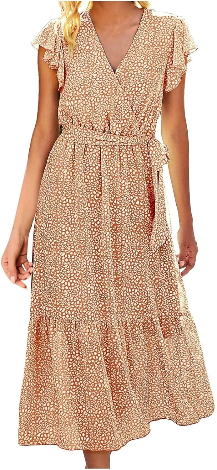 Womens Flowy Chiffon Dresses Summer 2024 Trendy Floral Print V Neck Aline Sundress Belted Ruffle Cap Sleeve Midi Dress