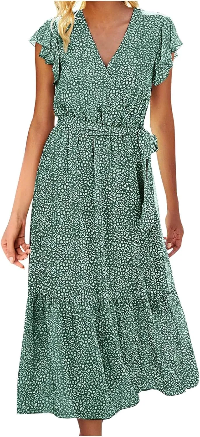 Womens Flowy Chiffon Dresses Summer 2024 Trendy Floral Print V Neck Aline Sundress Belted Ruffle Cap Sleeve Midi Dress