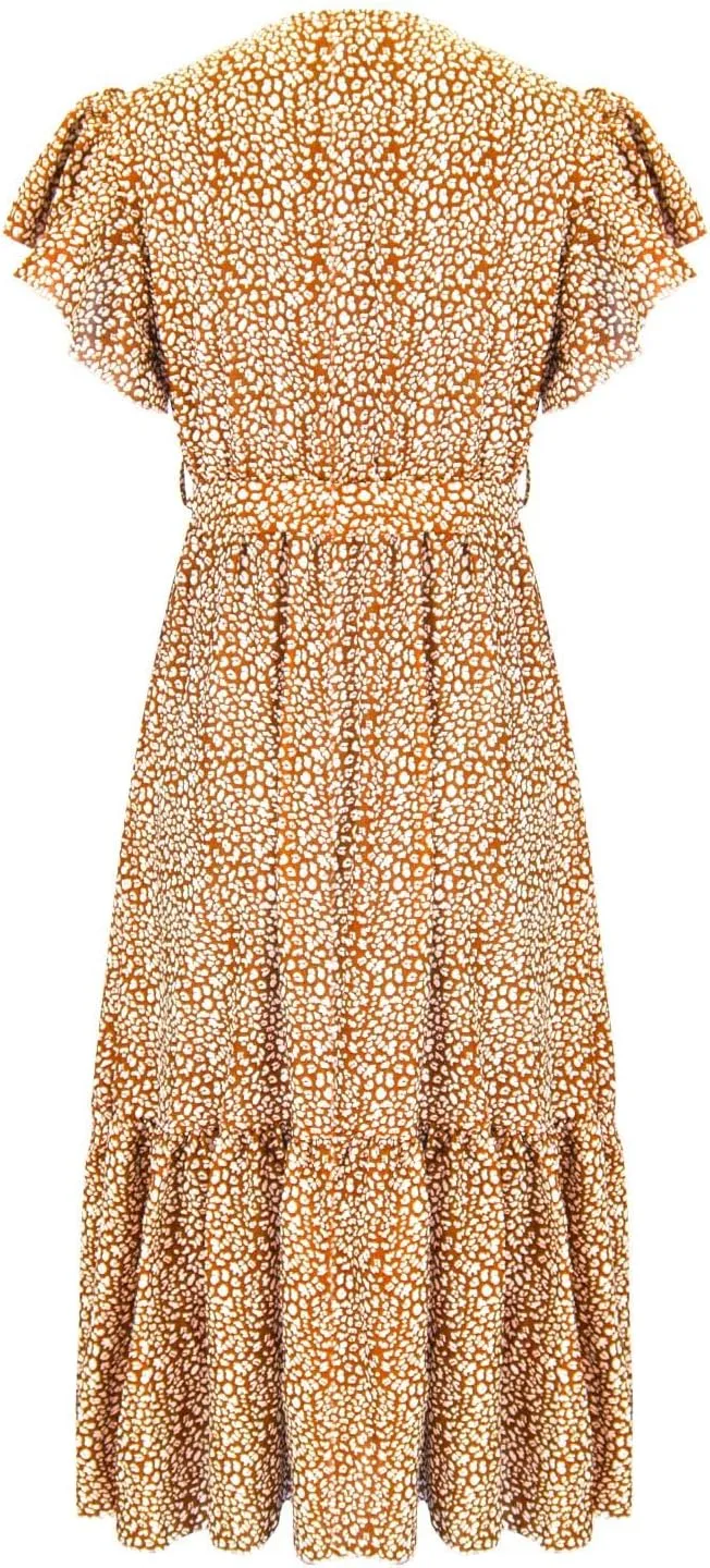 Womens Flowy Chiffon Dresses Summer 2024 Trendy Floral Print V Neck Aline Sundress Belted Ruffle Cap Sleeve Midi Dress