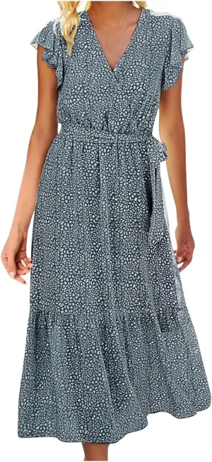 Womens Flowy Chiffon Dresses Summer 2024 Trendy Floral Print V Neck Aline Sundress Belted Ruffle Cap Sleeve Midi Dress