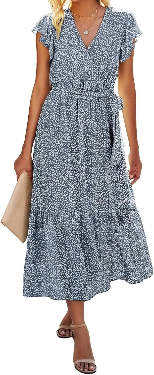 Womens Flowy Chiffon Dresses Summer 2024 Trendy Floral Print V Neck Aline Sundress Belted Ruffle Cap Sleeve Midi Dress